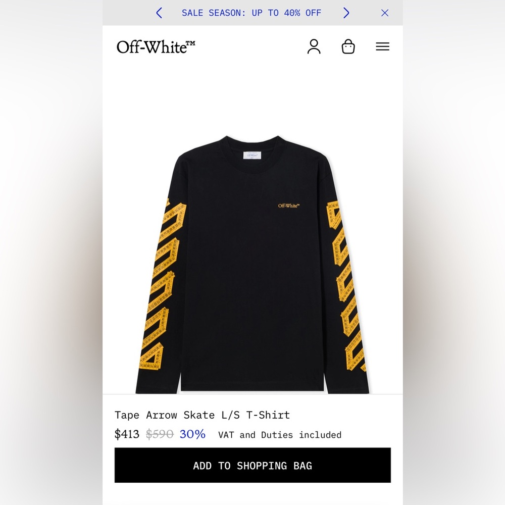 Off-White Black Long Sleeve Tape Arrow Skate Tee with Yellow Graphics